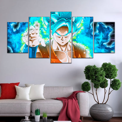 Dragon Ball Super Saiyan Blue Goku Canvas Wall Art - 5 Piece Split Panel DBZ Anime Poster - Framed Ready to Hang Living Room Man Cave Decor - DR5051