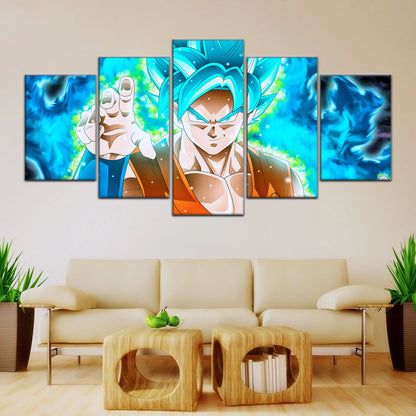 Dragon Ball Super Saiyan Blue Goku Canvas Wall Art - 5 Piece Split Panel DBZ Anime Poster - Framed Ready to Hang Living Room Man Cave Decor - DR5051
