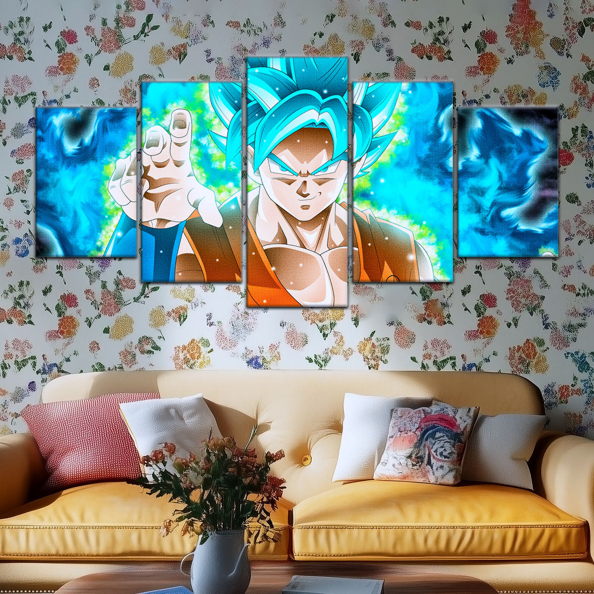 Dragon Ball Super Saiyan Blue Goku Canvas Wall Art - 5 Piece Split Panel DBZ Anime Poster - Framed Ready to Hang Living Room Man Cave Decor - DR5051
