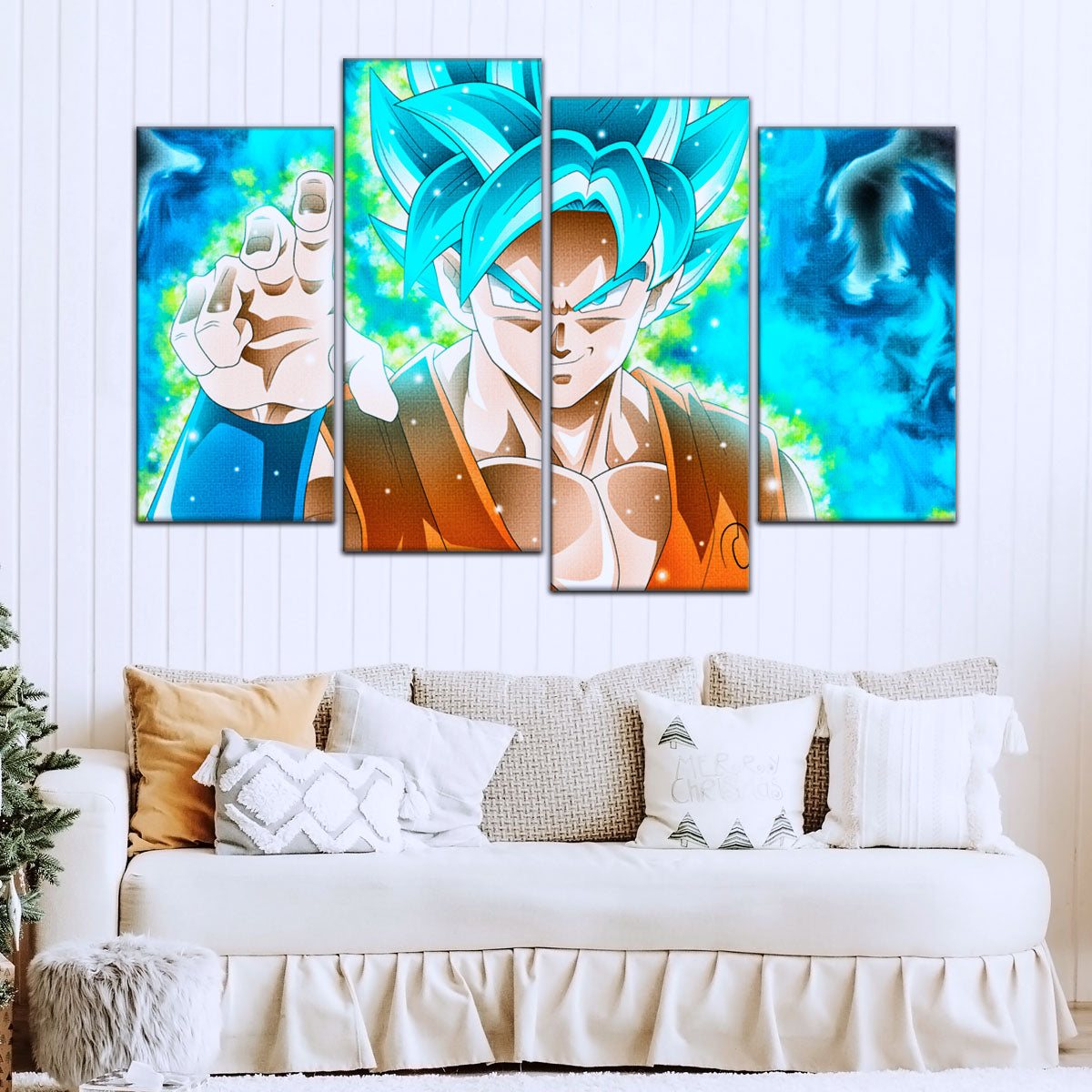 Dragon Ball Super Saiyan Blue Goku Canvas Wall Art - 5 Piece Split Panel DBZ Anime Poster - Framed Ready to Hang Living Room Man Cave Decor - DR5051