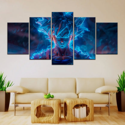 Dragon Ball Super Saiyan Blue Goku Canvas Wall Art - 5 Piece Split Panel DBZ Anime Poster - Framed Ready to Hang Living Room Man Cave Decor - DR5052