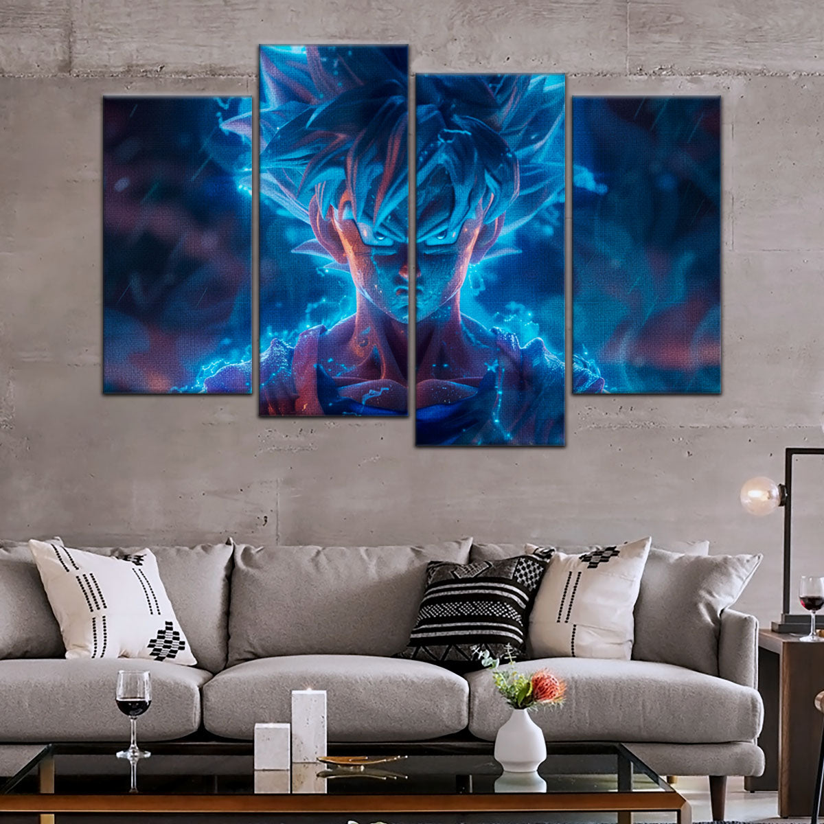 Dragon Ball Super Saiyan Blue Goku Canvas Wall Art - 5 Piece Split Panel DBZ Anime Poster - Framed Ready to Hang Living Room Man Cave Decor - DR5052