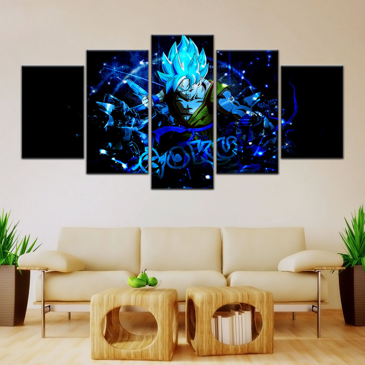 Dragon Ball Super Saiyan Blue Goku Canvas Wall Art - 5 Piece Split Panel DBZ Anime Poster - Framed Ready to Hang Living Room Man Cave Decor - DR5054