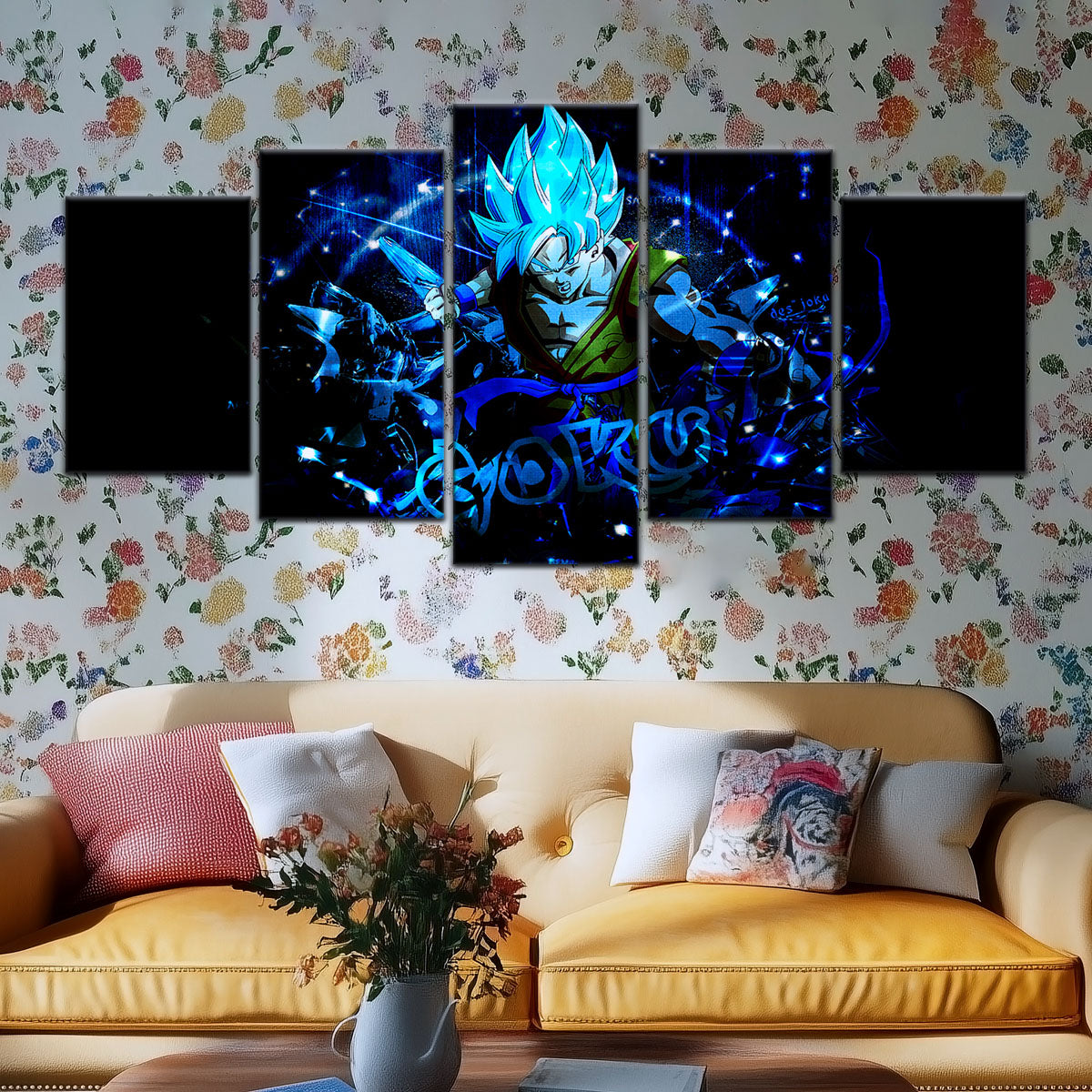 Dragon Ball Super Saiyan Blue Goku Canvas Wall Art - 5 Piece Split Panel DBZ Anime Poster - Framed Ready to Hang Living Room Man Cave Decor - DR5054