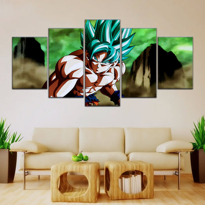 Dragon Ball Super Saiyan Blue Goku Canvas Wall Art - 5 Piece Split Panel DBZ Anime Poster - Framed Ready to Hang Living Room Man Cave Decor - DR5055