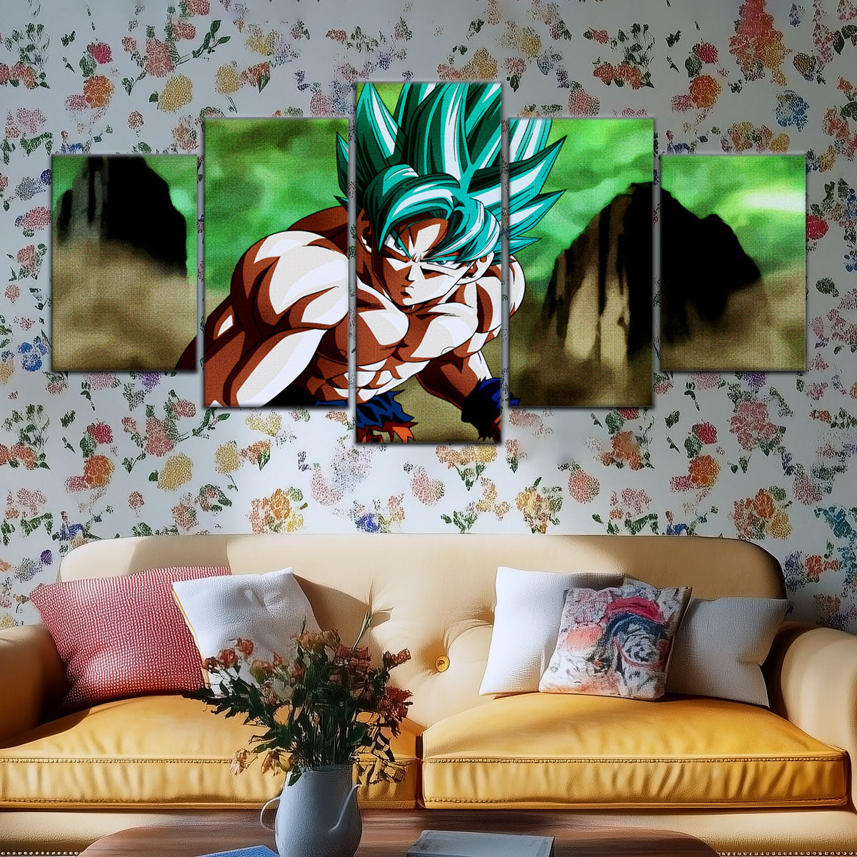 Dragon Ball Super Saiyan Blue Goku Canvas Wall Art - 5 Piece Split Panel DBZ Anime Poster - Framed Ready to Hang Living Room Man Cave Decor - DR5055