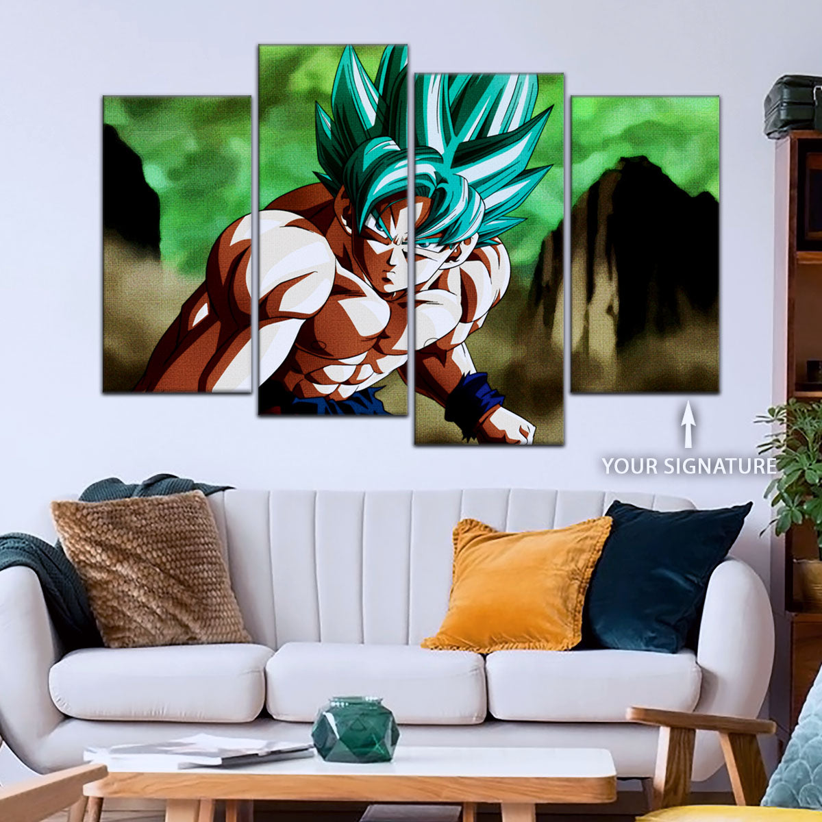 Dragon Ball Super Saiyan Blue Goku Canvas Wall Art - 5 Piece Split Panel DBZ Anime Poster - Framed Ready to Hang Living Room Man Cave Decor - DR5055
