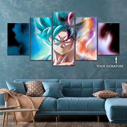 Dragon Ball Super Saiyan Blue Goku Canvas Wall Art - 5 Piece Split Panel DBZ Anime Poster - Framed Ready to Hang Living Room Man Cave Decor - DR5063