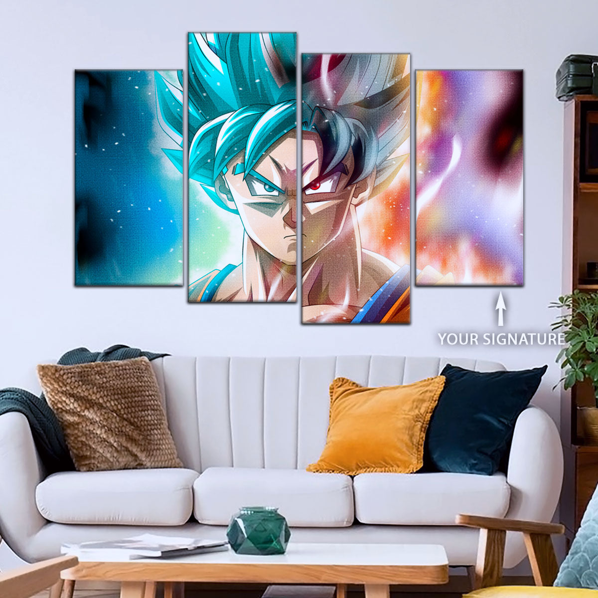 Dragon Ball Super Saiyan Blue Goku Canvas Wall Art - 5 Piece Split Panel DBZ Anime Poster - Framed Ready to Hang Living Room Man Cave Decor - DR5063