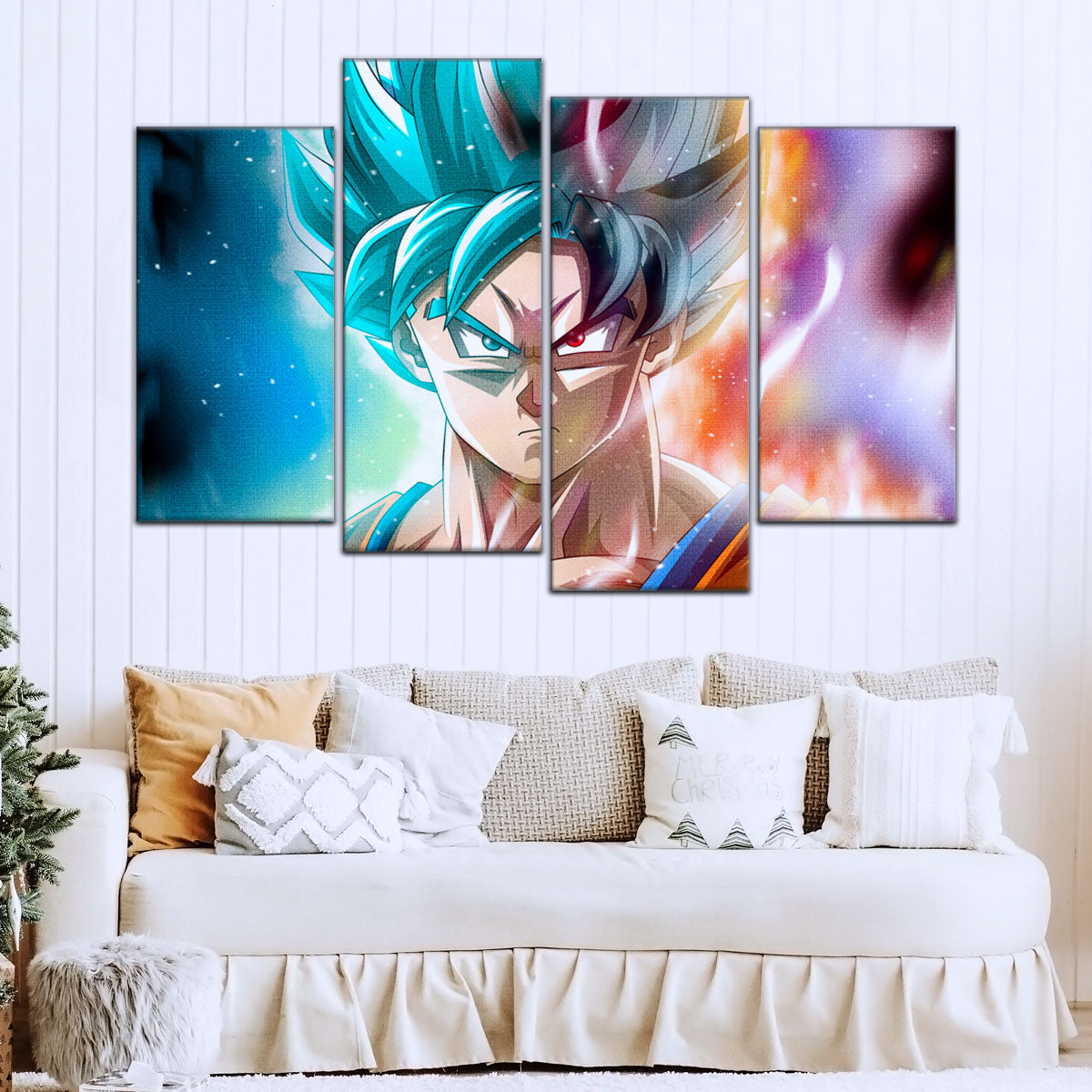 Dragon Ball Super Saiyan Blue Goku Canvas Wall Art - 5 Piece Split Panel DBZ Anime Poster - Framed Ready to Hang Living Room Man Cave Decor - DR5063