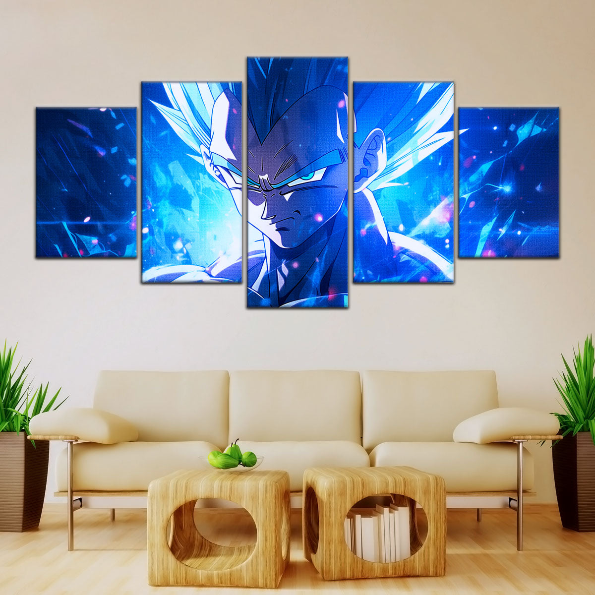 Dragon Ball Super Saiyan Blue Goku Canvas Wall Art - 5 Piece Split Panel DBZ Anime Poster - Framed Ready to Hang Living Room Man Cave Decor - DR5122