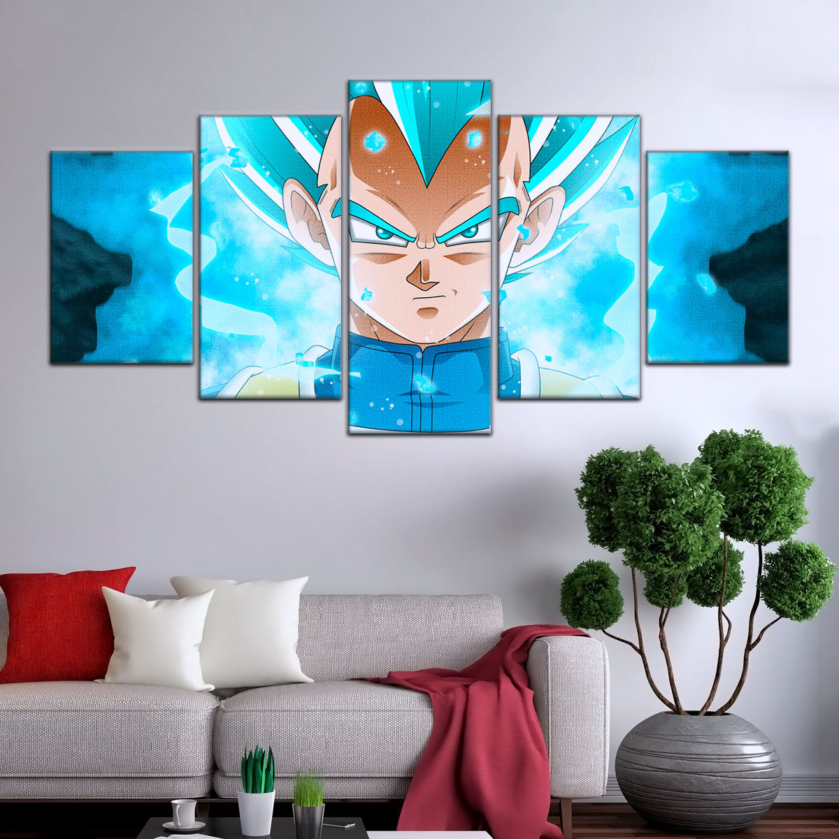 Dragon Ball Super Saiyan Blue Vegeta Canvas Wall Art - 5 Piece Split Panel DBZ Anime Poster - Framed Ready to Hang Living Room Man Cave Decor - DR5118