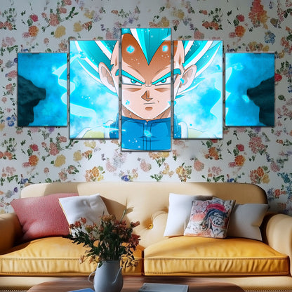 Dragon Ball Super Saiyan Blue Vegeta Canvas Wall Art - 5 Piece Split Panel DBZ Anime Poster - Framed Ready to Hang Living Room Man Cave Decor - DR5118