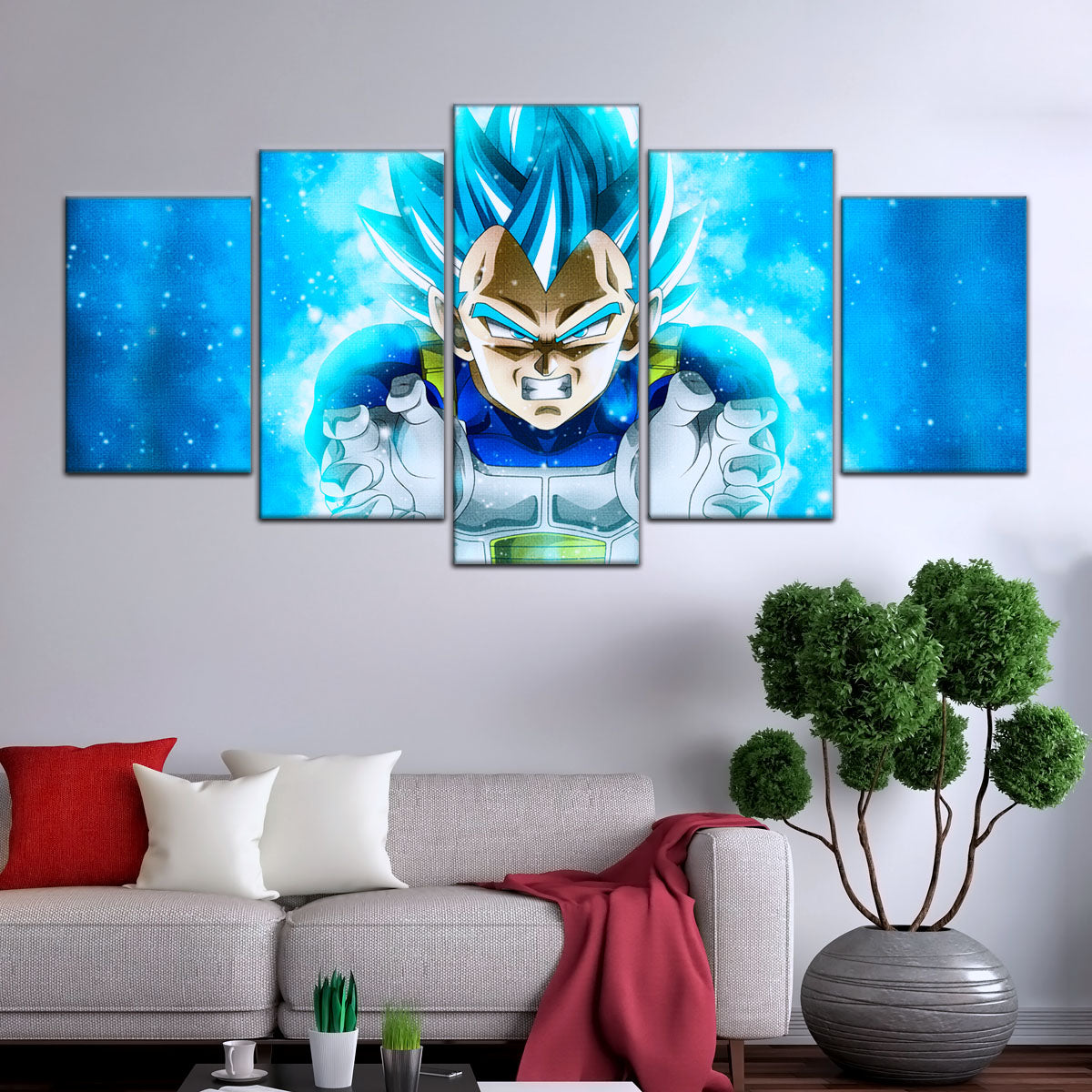 Dragon Ball Super Saiyan Blue Vegeta Canvas Wall Art - 5 Piece Split Panel DBZ Anime Poster - Framed Ready to Hang Living Room Man Cave Decor - DR5119