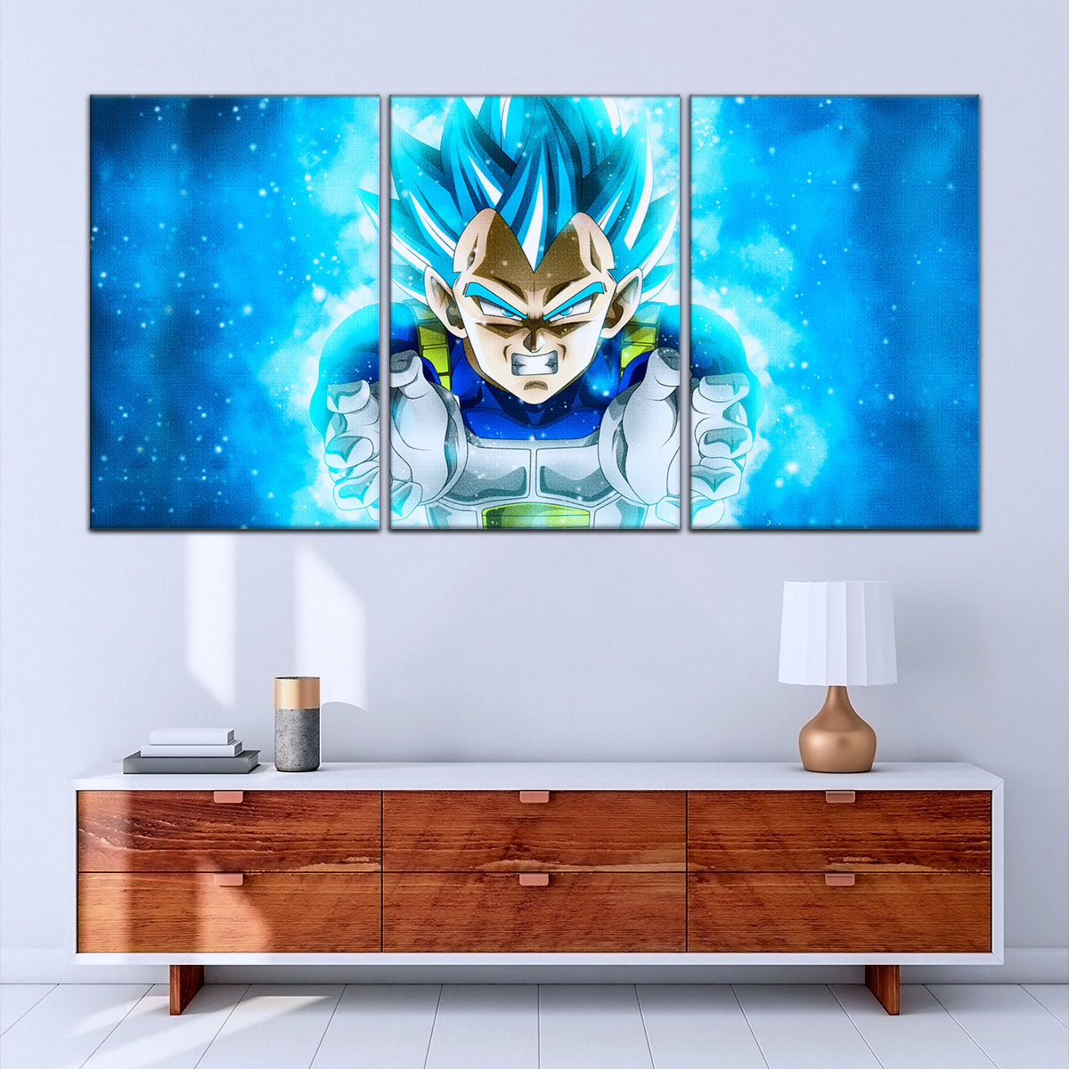Dragon Ball Super Saiyan Blue Vegeta Canvas Wall Art - 5 Piece Split Panel DBZ Anime Poster - Framed Ready to Hang Living Room Man Cave Decor - DR5119