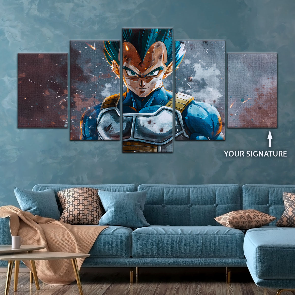 Dragon Ball Super Saiyan Blue Vegeta Canvas Wall Art - 5 Piece Split Panel DBZ Anime Poster - Framed Ready to Hang Living Room Man Cave Decor - DR5120