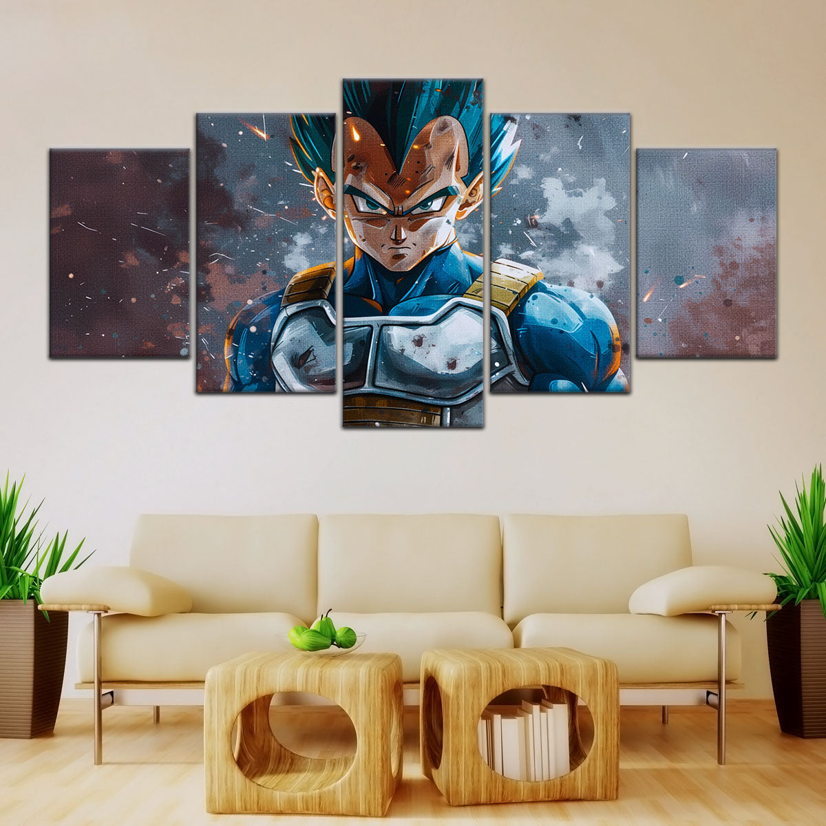 Dragon Ball Super Saiyan Blue Vegeta Canvas Wall Art - 5 Piece Split Panel DBZ Anime Poster - Framed Ready to Hang Living Room Man Cave Decor - DR5120