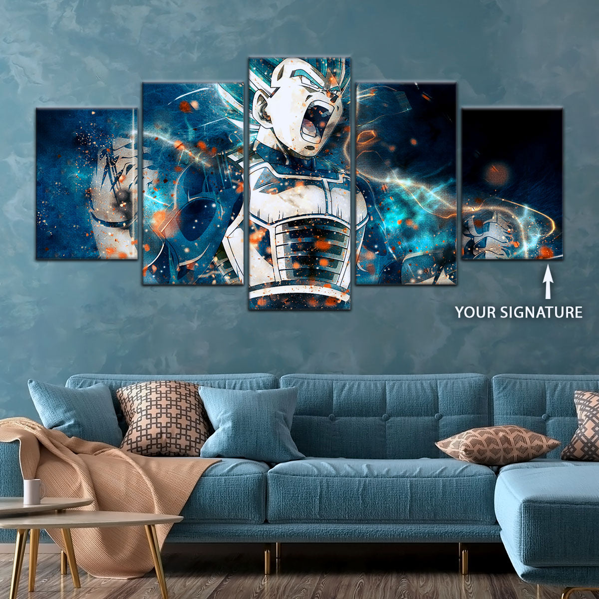 Dragon Ball Super Saiyan Blue Vegeta Canvas Wall Art - 5 Piece Split Panel DBZ Anime Poster - Framed Ready to Hang Living Room Man Cave Decor - DR5123