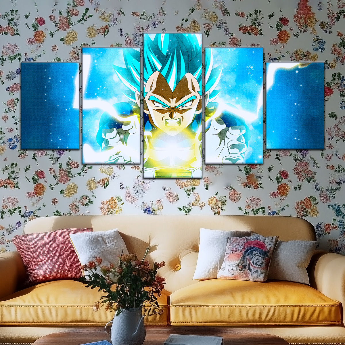 Dragon Ball Super Saiyan Blue Vegeta Canvas Wall Art - 5 Piece Split Panel DBZ Anime Poster - Framed Ready to Hang Living Room Man Cave Decor - DR5124