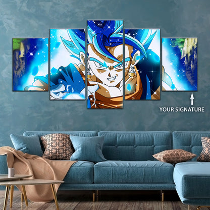 Dragon Ball Super Saiyan Blue Vegito Canvas Wall Art - 5 Piece Split Panel DBZ Anime Poster - Framed Ready to Hang Living Room Man Cave Decor - DR5131