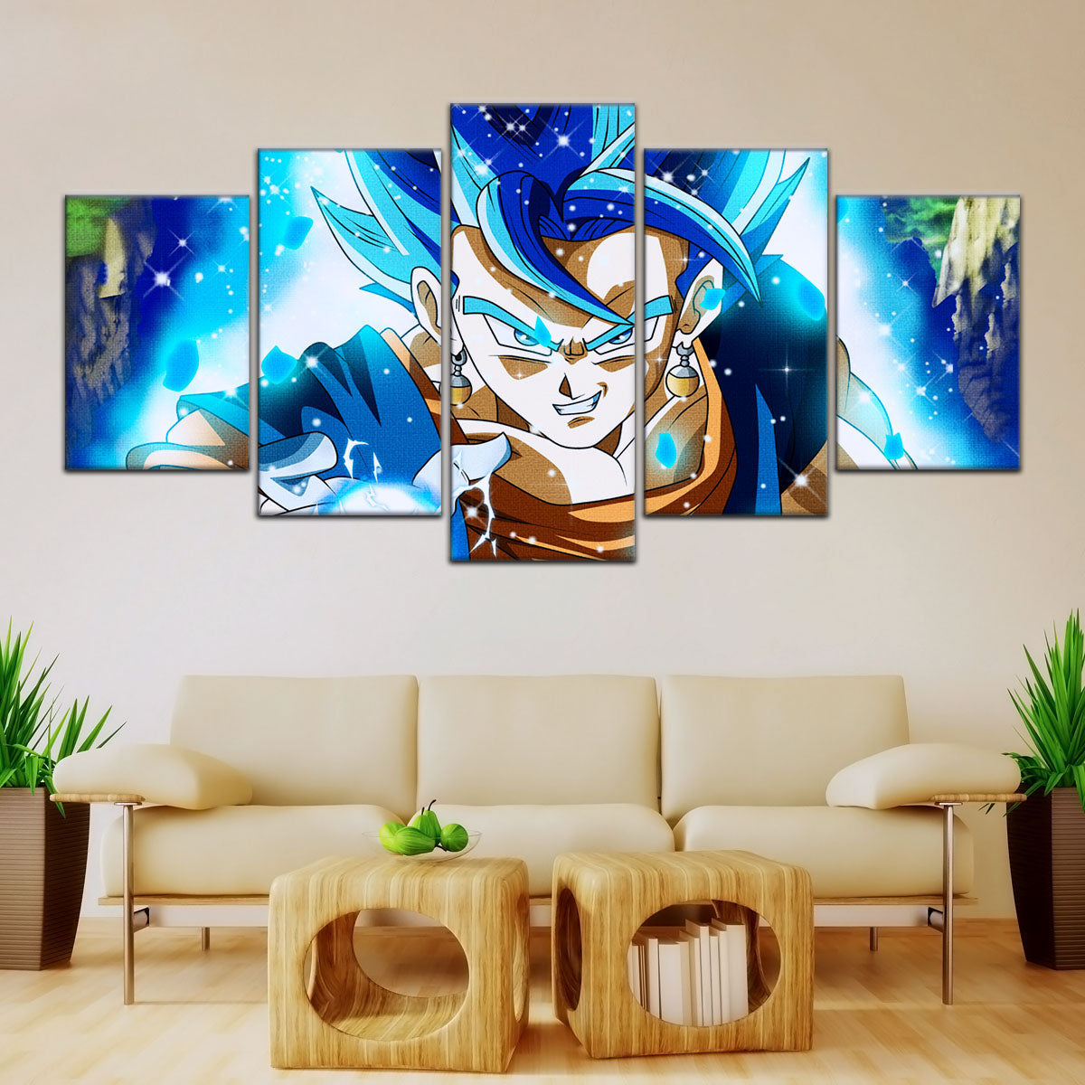 Dragon Ball Super Saiyan Blue Vegito Canvas Wall Art - 5 Piece Split Panel DBZ Anime Poster - Framed Ready to Hang Living Room Man Cave Decor - DR5131