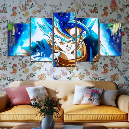 Dragon Ball Super Saiyan Blue Vegito Canvas Wall Art - 5 Piece Split Panel DBZ Anime Poster - Framed Ready to Hang Living Room Man Cave Decor - DR5131