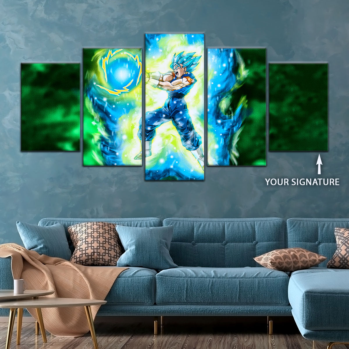 Dragon Ball Super Saiyan Blue Vegito Canvas Wall Art - 5 Piece Split Panel DBZ Anime Poster - Framed Ready to Hang Living Room Man Cave Decor - DR5132