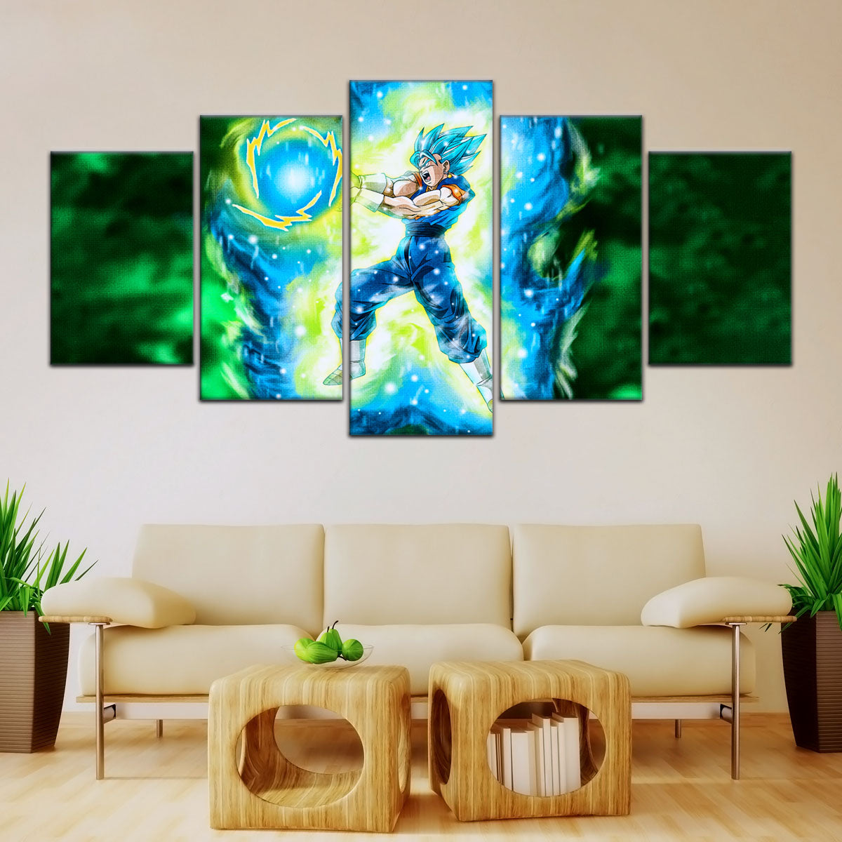 Dragon Ball Super Saiyan Blue Vegito Canvas Wall Art - 5 Piece Split Panel DBZ Anime Poster - Framed Ready to Hang Living Room Man Cave Decor - DR5132