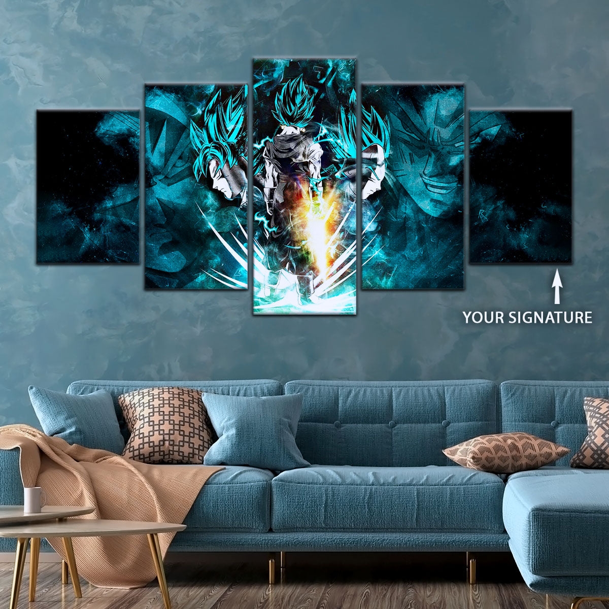 Dragon Ball Super Saiyan Blue Vegito Goku Vegeta Canvas Wall Art - 5 Piece Split Panel Framed - Ready to Hang Living Room Man Cave Decor - DR5061