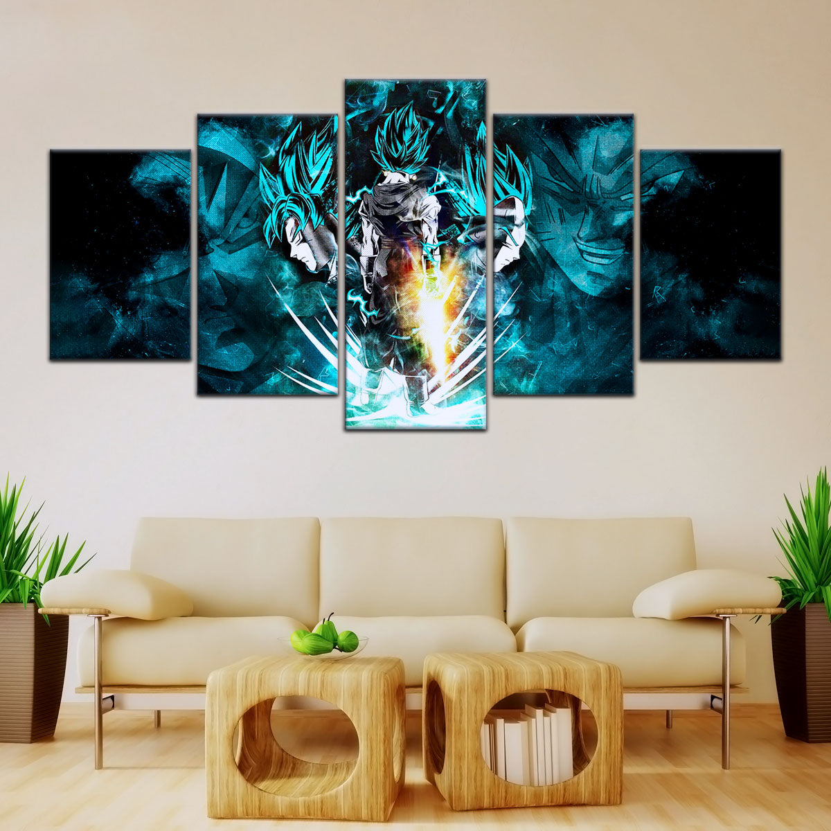 Dragon Ball Super Saiyan Blue Vegito Goku Vegeta Canvas Wall Art - 5 Piece Split Panel Framed - Ready to Hang Living Room Man Cave Decor - DR5061