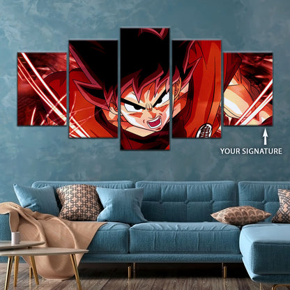 Dragon Ball Super Saiyan God Goku Canvas Wall Art - 5 Piece Split Panel DBZ Anime Poster - Framed Ready to Hang Living Room Man Cave Decor - DR5056