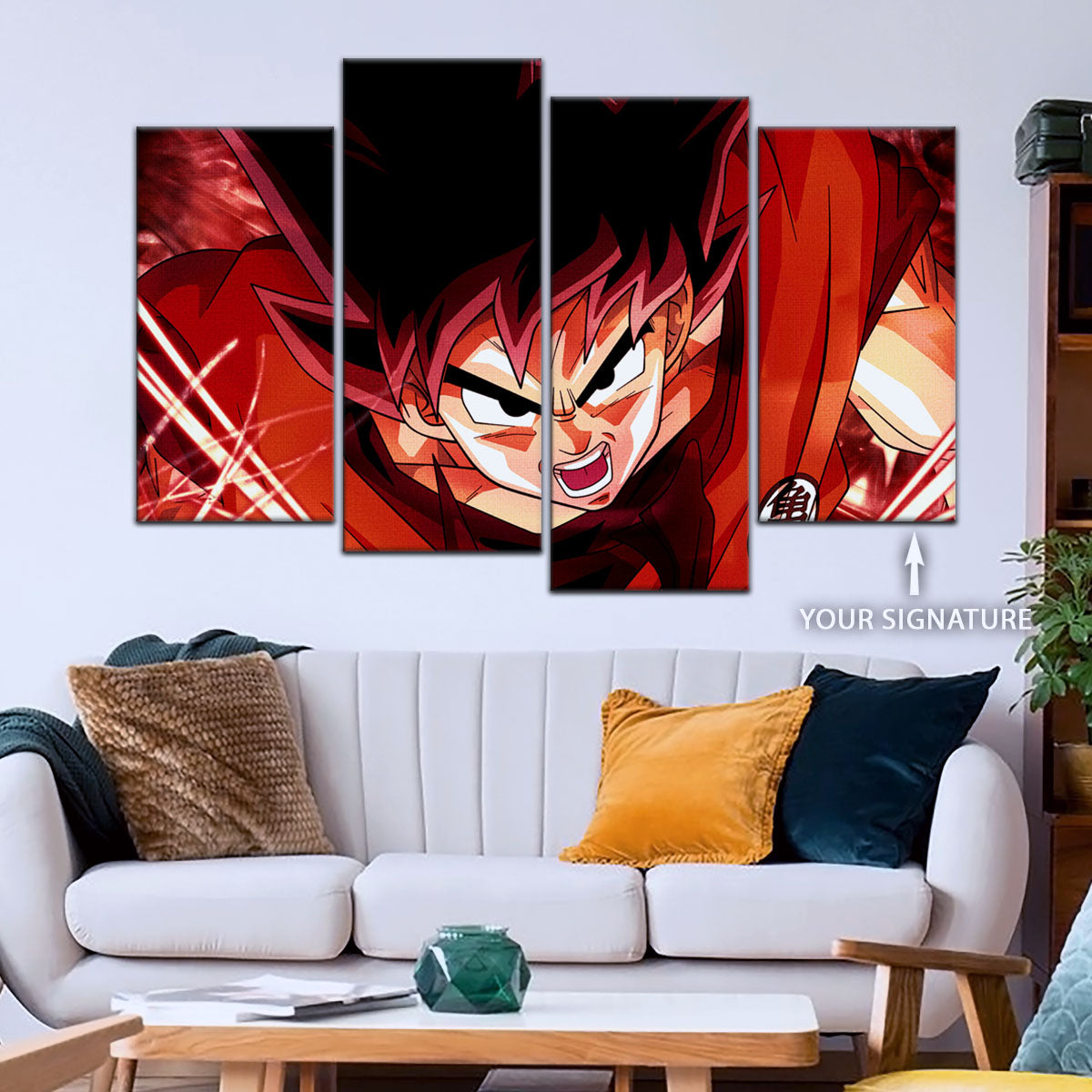 Dragon Ball Super Saiyan God Goku Canvas Wall Art - 5 Piece Split Panel DBZ Anime Poster - Framed Ready to Hang Living Room Man Cave Decor - DR5056