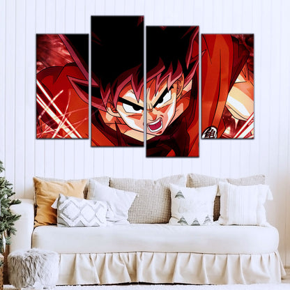 Dragon Ball Super Saiyan God Goku Canvas Wall Art - 5 Piece Split Panel DBZ Anime Poster - Framed Ready to Hang Living Room Man Cave Decor - DR5056