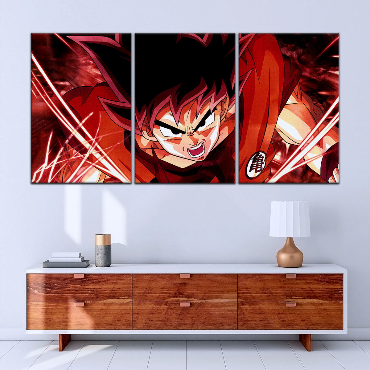 Dragon Ball Super Saiyan God Goku Canvas Wall Art - 5 Piece Split Panel DBZ Anime Poster - Framed Ready to Hang Living Room Man Cave Decor - DR5056