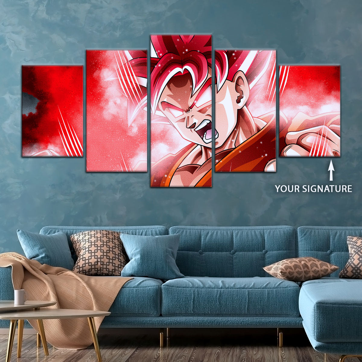 Dragon Ball Super Saiyan God Goku Canvas Wall Art - 5 Piece Split Panel DBZ Anime Poster - Framed Ready to Hang Living Room Man Cave Decor - DR5057