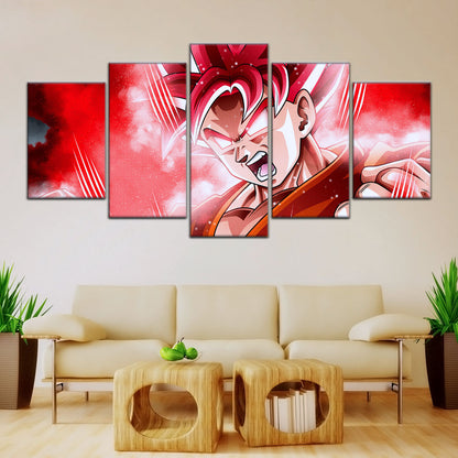 Dragon Ball Super Saiyan God Goku Canvas Wall Art - 5 Piece Split Panel DBZ Anime Poster - Framed Ready to Hang Living Room Man Cave Decor - DR5057