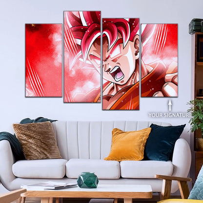 Dragon Ball Super Saiyan God Goku Canvas Wall Art - 5 Piece Split Panel DBZ Anime Poster - Framed Ready to Hang Living Room Man Cave Decor - DR5057