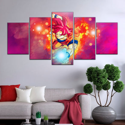 Dragon Ball Super Saiyan God Goku Canvas Wall Art - 5 Piece Split Panel DBZ Anime Poster - Framed Ready to Hang Living Room Man Cave Decor - DR5081