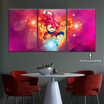 Dragon Ball Super Saiyan God Goku Canvas Wall Art - 5 Piece Split Panel DBZ Anime Poster - Framed Ready to Hang Living Room Man Cave Decor - DR5081