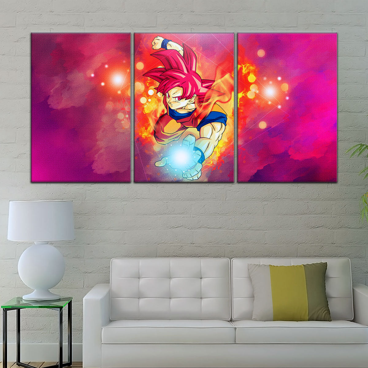 Dragon Ball Super Saiyan God Goku Canvas Wall Art - 5 Piece Split Panel DBZ Anime Poster - Framed Ready to Hang Living Room Man Cave Decor - DR5081