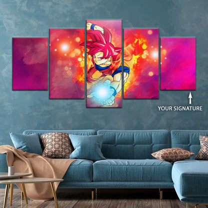 Dragon Ball Super Saiyan God Goku Canvas Wall Art - 5 Piece Split Panel DBZ Anime Poster - Framed Ready to Hang Living Room Man Cave Decor - DR5081