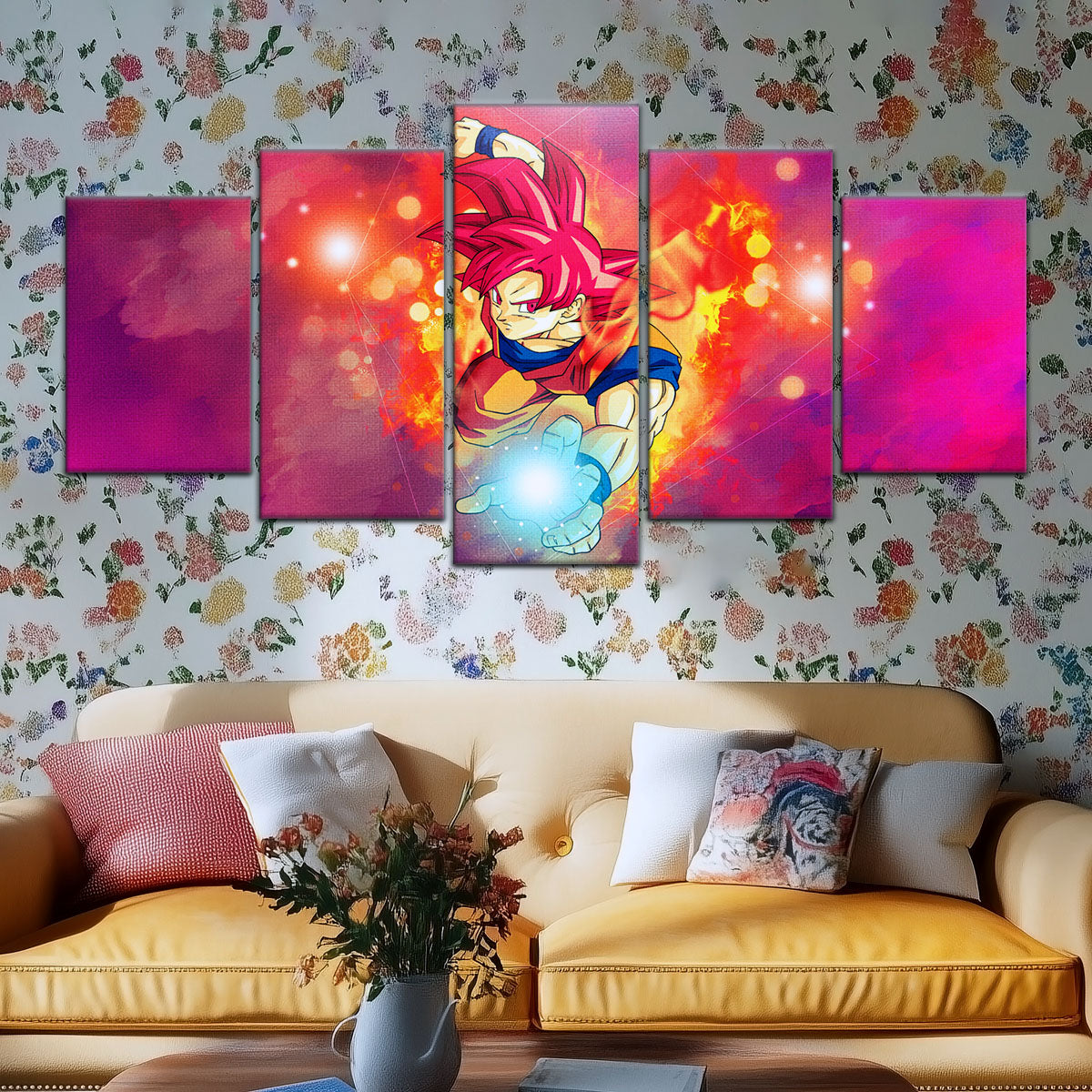 Dragon Ball Super Saiyan God Goku Canvas Wall Art - 5 Piece Split Panel DBZ Anime Poster - Framed Ready to Hang Living Room Man Cave Decor - DR5081