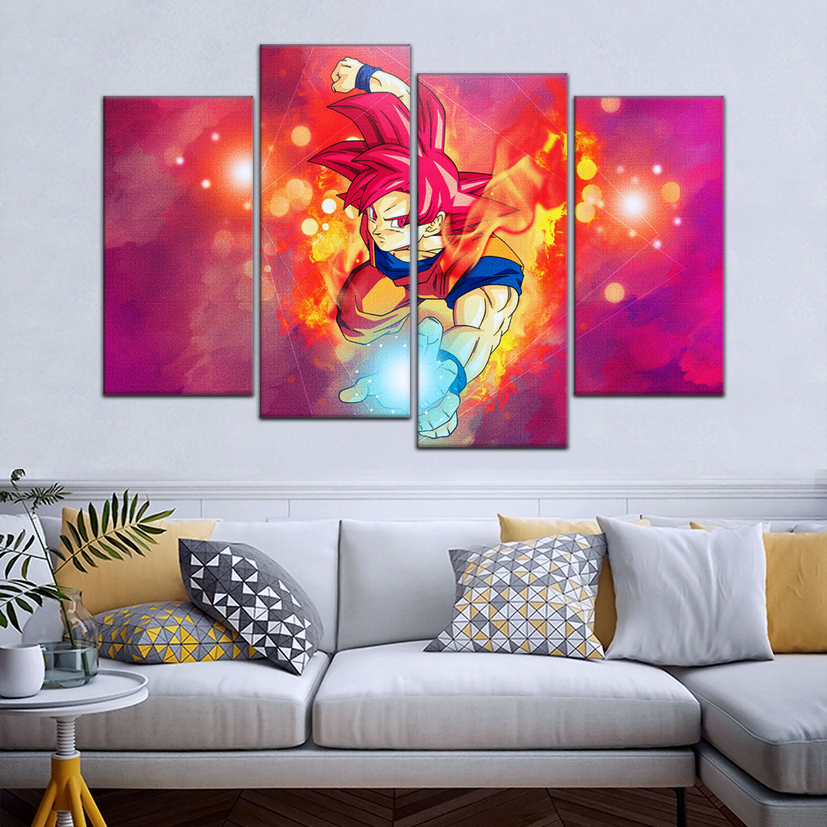 Dragon Ball Super Saiyan God Goku Canvas Wall Art - 5 Piece Split Panel DBZ Anime Poster - Framed Ready to Hang Living Room Man Cave Decor - DR5081
