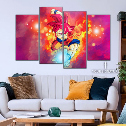 Dragon Ball Super Saiyan God Goku Canvas Wall Art - 5 Piece Split Panel DBZ Anime Poster - Framed Ready to Hang Living Room Man Cave Decor - DR5081