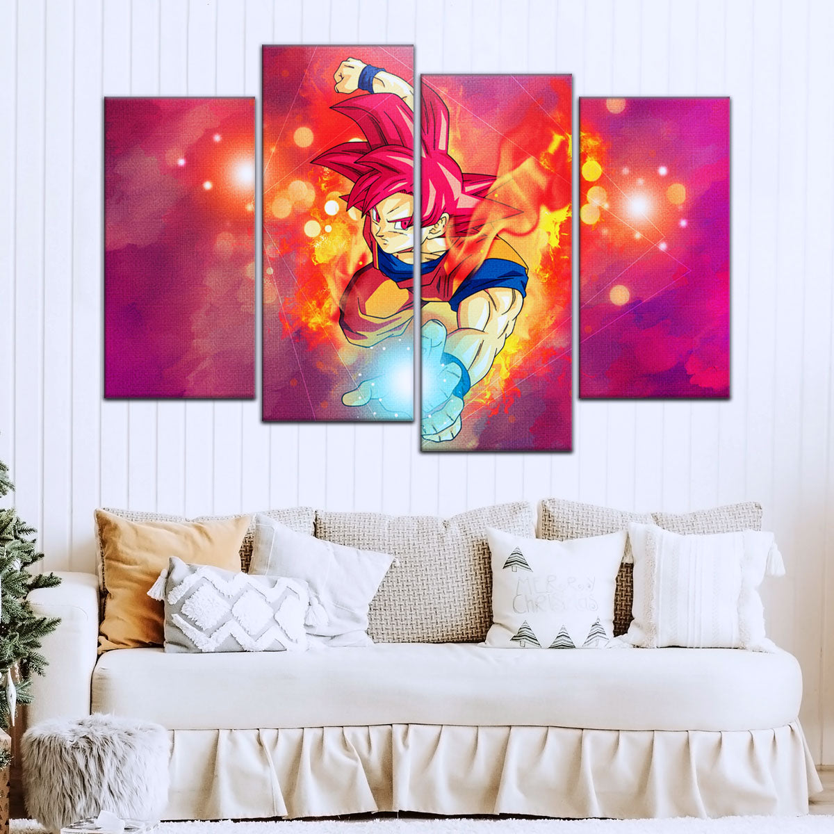 Dragon Ball Super Saiyan God Goku Canvas Wall Art - 5 Piece Split Panel DBZ Anime Poster - Framed Ready to Hang Living Room Man Cave Decor - DR5081