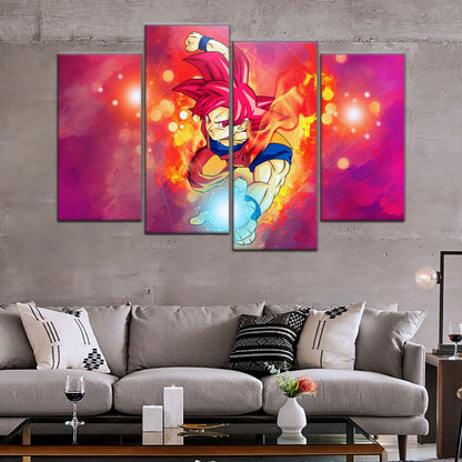 Dragon Ball Super Saiyan God Goku Canvas Wall Art - 5 Piece Split Panel DBZ Anime Poster - Framed Ready to Hang Living Room Man Cave Decor - DR5081