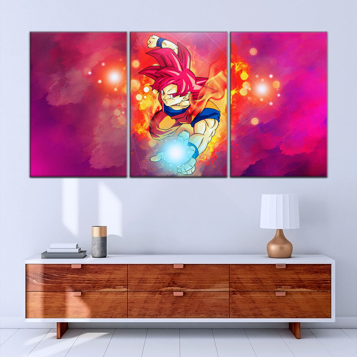 Dragon Ball Super Saiyan God Goku Canvas Wall Art - 5 Piece Split Panel DBZ Anime Poster - Framed Ready to Hang Living Room Man Cave Decor - DR5081