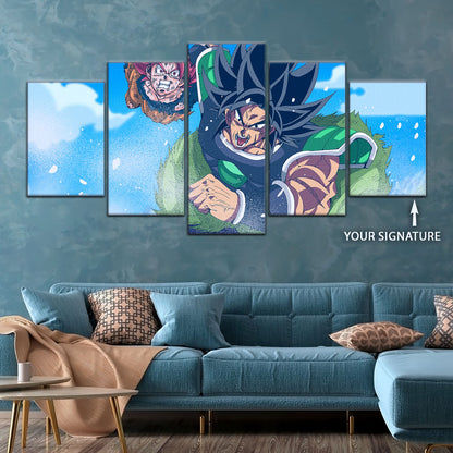 Dragon Ball Super Saiyan God Goku vs Broly Canvas Wall Art - 5 Piece Split Panel DBZ Anime Poster - Ready to Hang Living Room Man Cave Decor - DR5058