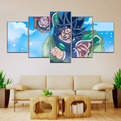 Dragon Ball Super Saiyan God Goku vs Broly Canvas Wall Art - 5 Piece Split Panel DBZ Anime Poster - Ready to Hang Living Room Man Cave Decor - DR5058