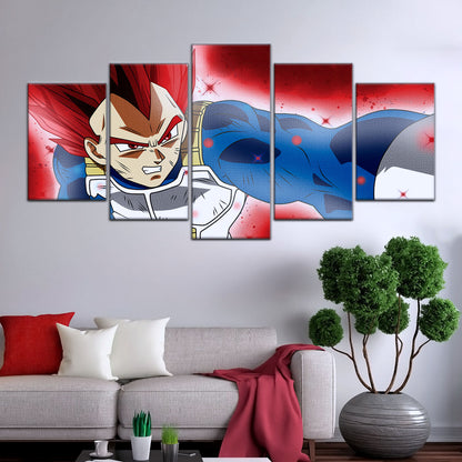 Dragon Ball Super Saiyan God Vegeta Canvas Wall Art - 5 Piece Split Panel DBZ Anime Poster - Framed Ready to Hang Living Room Man Cave Decor - DR5125